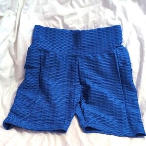 Blue Women's Bike Workout Shorts with Pockets, Booty Enhancing, Size Small